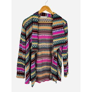 The Pink Tulip Boho Cardigan Aztec Geometric Knit Open Front Multi Color Medium